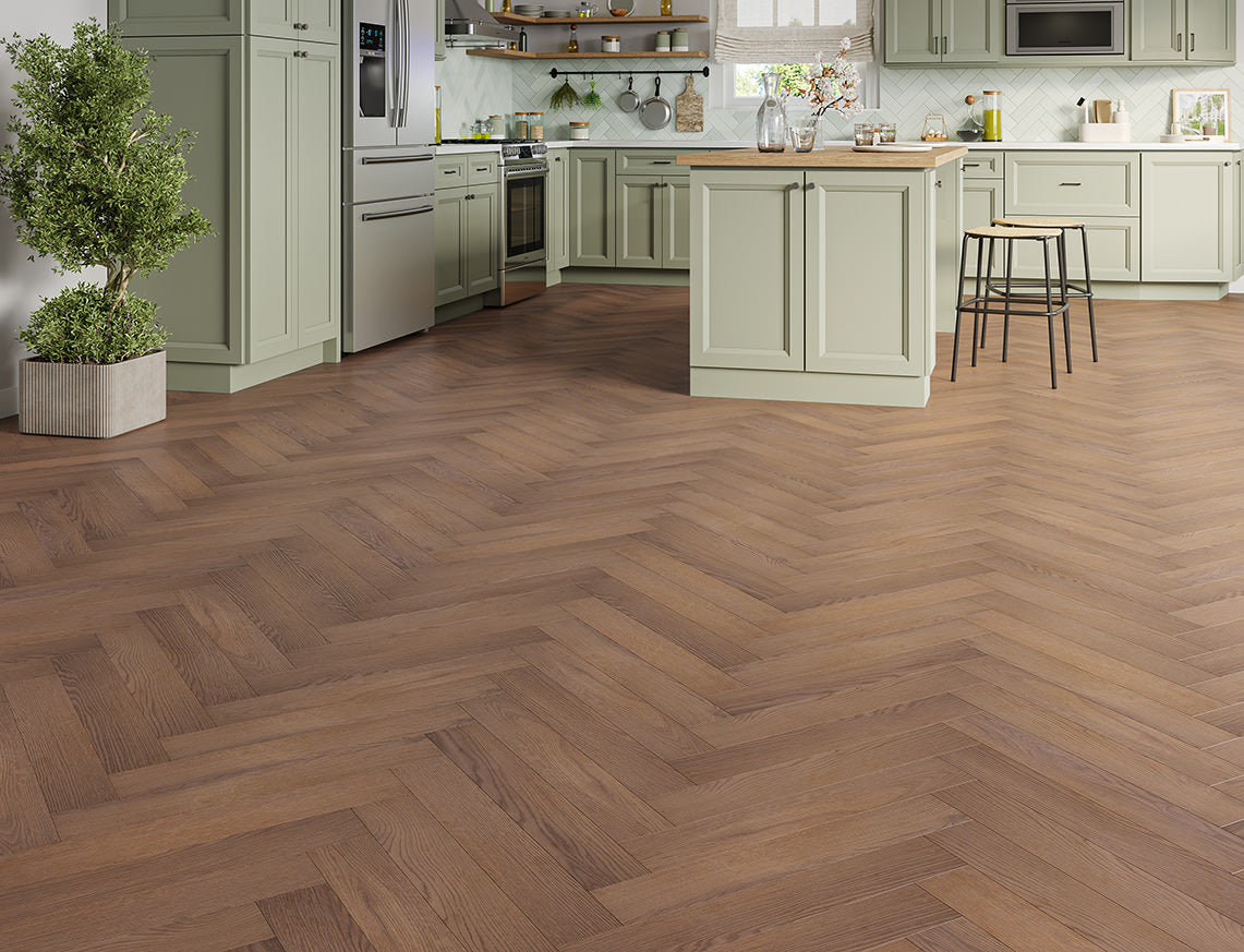 Oakleigh Deluxe 12mm Romsey Dark Chocolate Textured Herringbone Laminate Flooring | 100 x 600 x 12mm