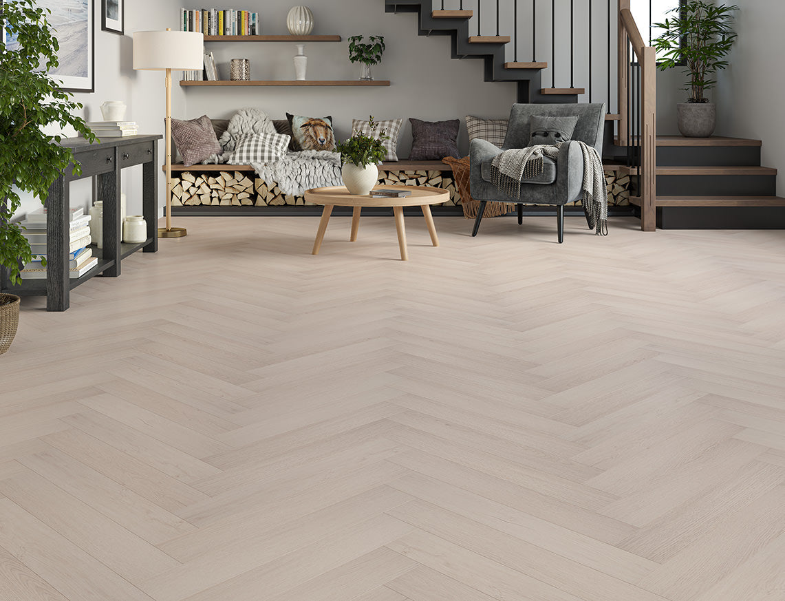 Oakleigh 8mm Malham Light Grey Textured Herringbone Laminate Flooring | 100 x 600 x 8mm