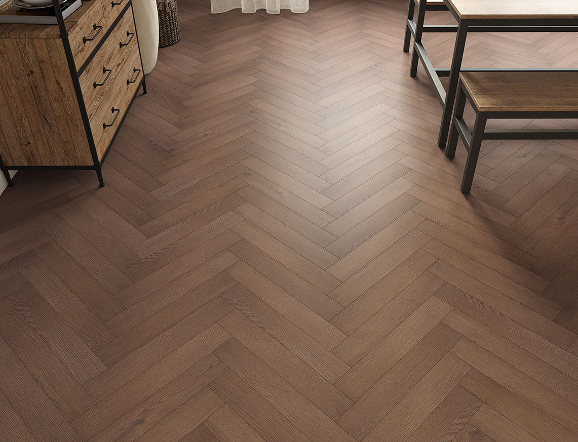 Oakleigh 8mm Romsey Dark Chocolate Textured Herringbone Laminate Flooring | 100 x 600 x 8mm