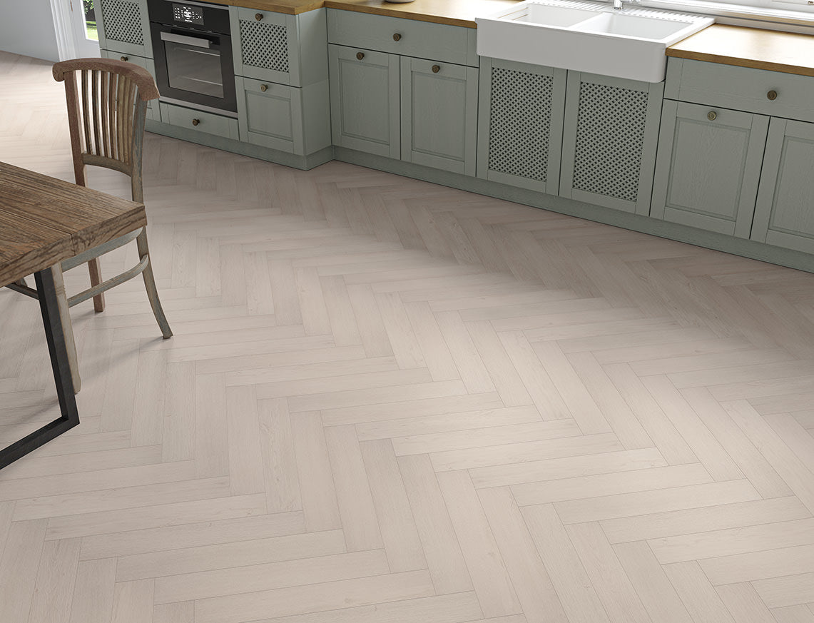 Oakleigh Deluxe 12mm Malham Light Grey Textured Herringbone Laminate Flooring | 100 x 600 x 12mm