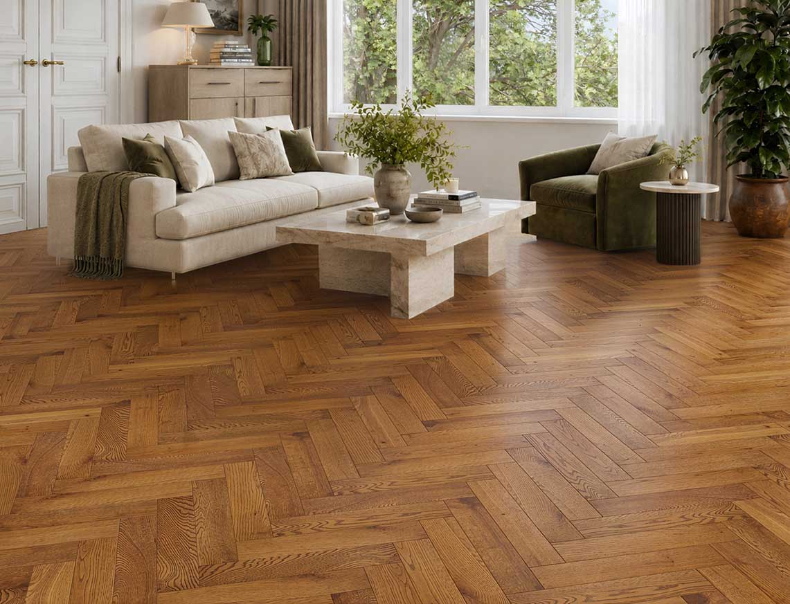 Fitzroy Oak Smoked Brushed Herringbone Solid Wood Flooring | UV Oiled | 70 x 350 x 18mm