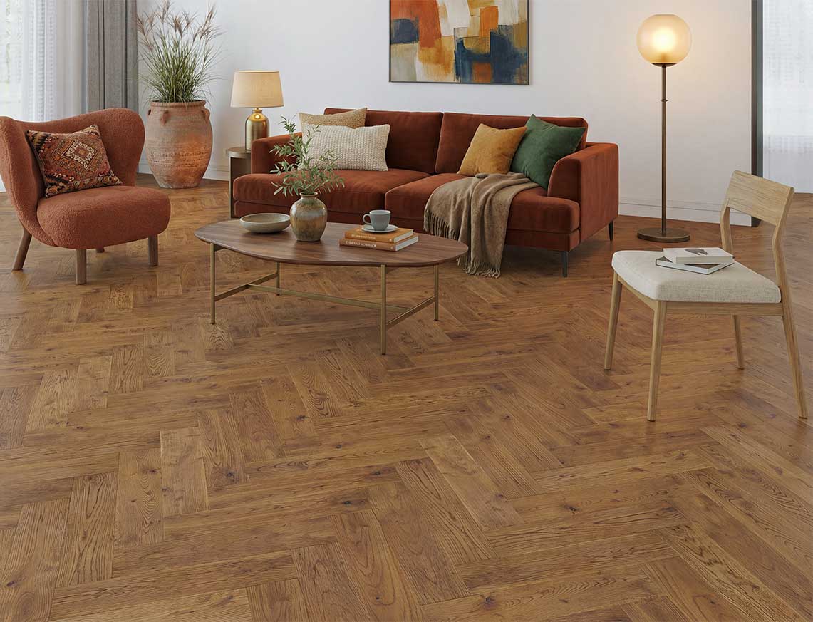 Russell Oak Smoked Brushed Herringbone Solid Wood Flooring | UV Oiled | 90 x 400 x 18mm