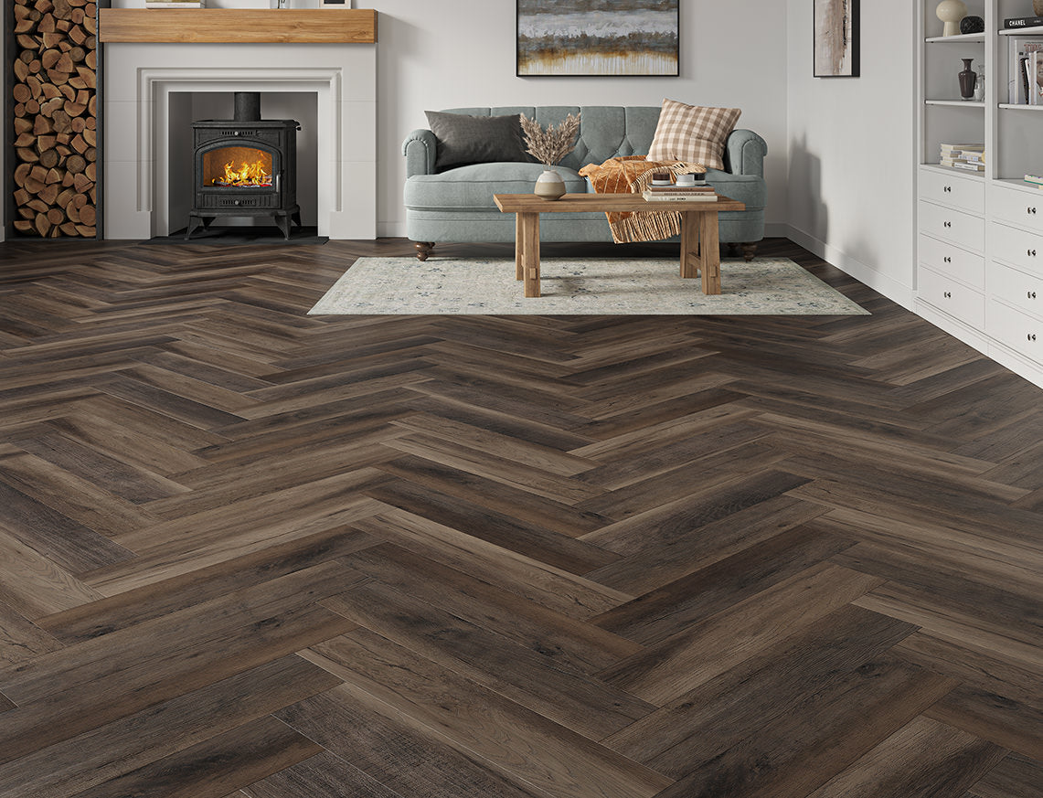 Pentle Oak Brown Black Oak Herringbone LVT Flooring | 128 x 615 x 6.5/0.5mm