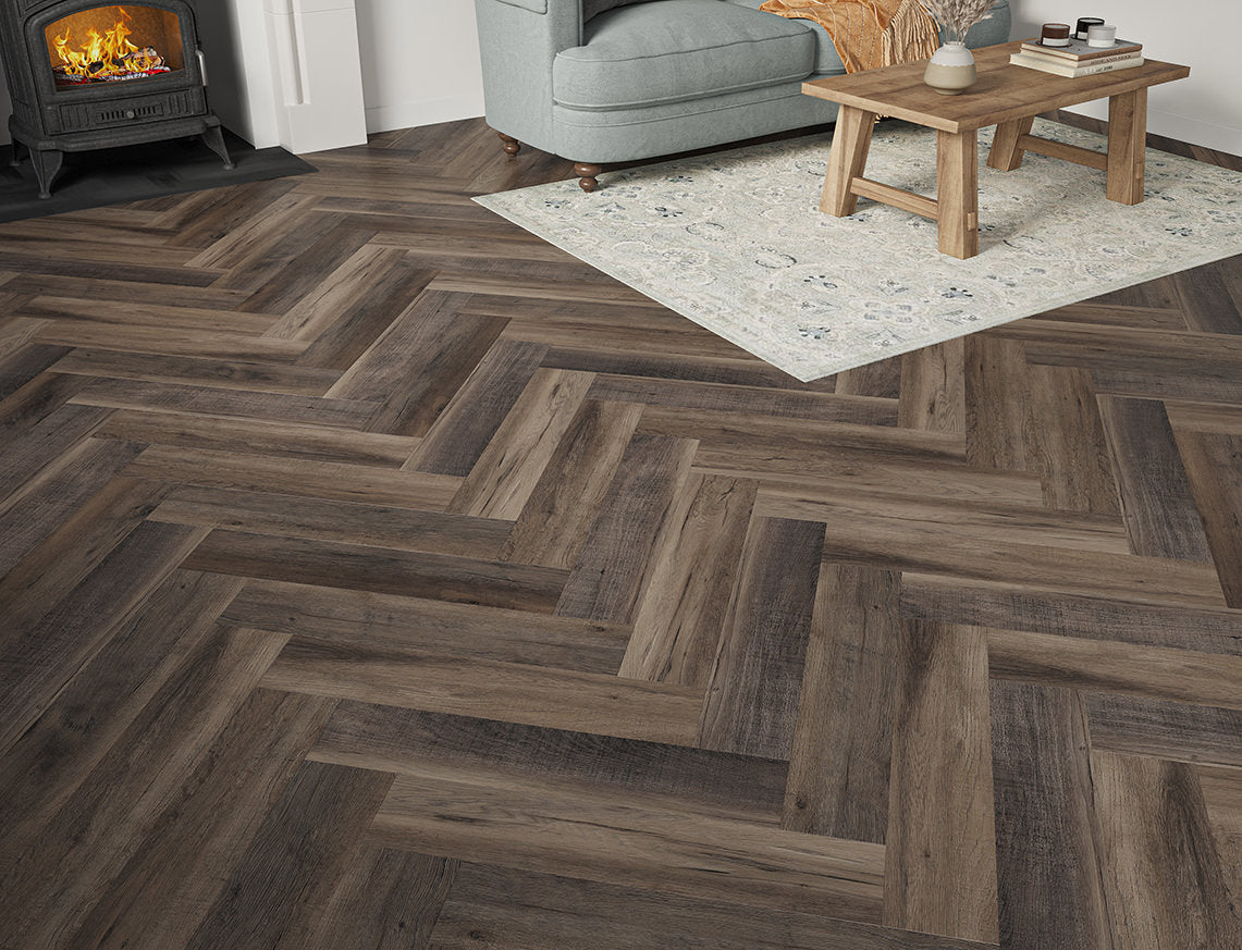 Pentle Oak Brown Black Oak Herringbone LVT Flooring | 128 x 615 x 6.5/0.5mm