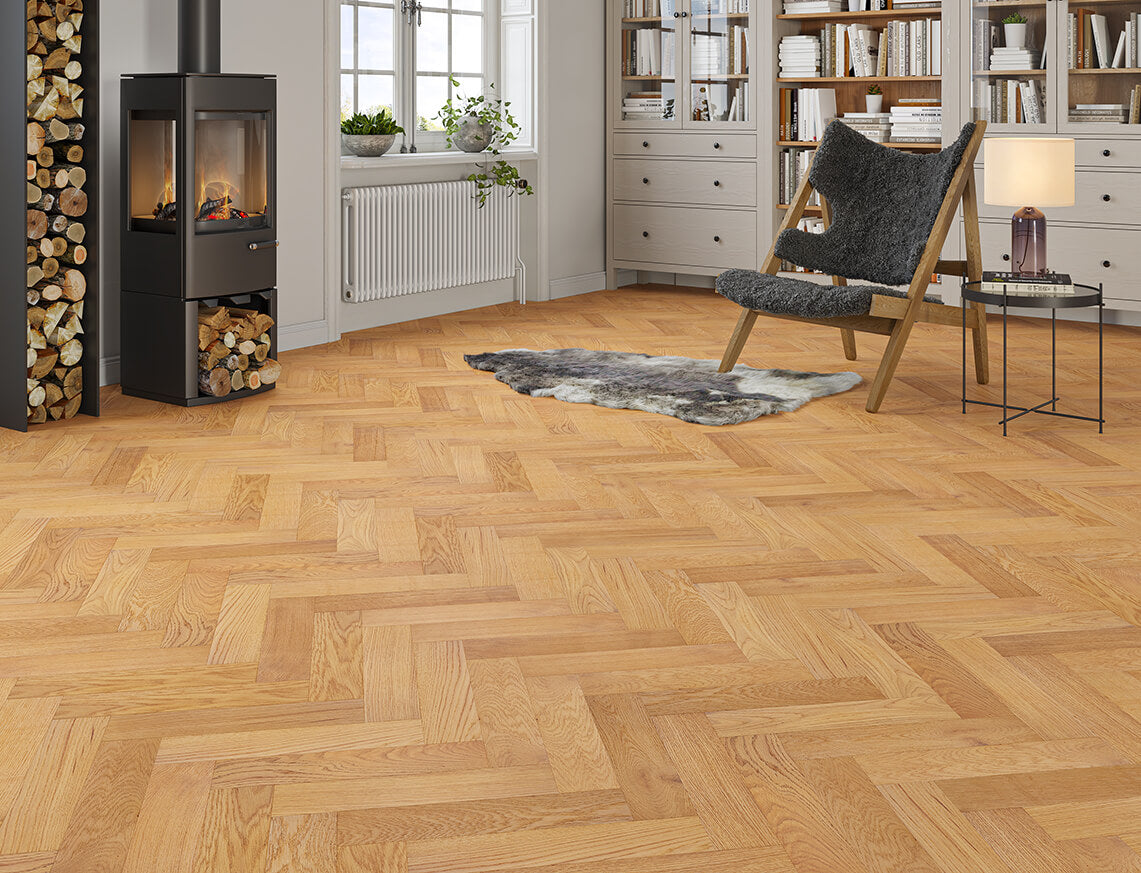 Roundhay Oak Golden Brushed Herringbone Engineered Wood Flooring | UV Lacquered | 90 x 400 x 15/4mm