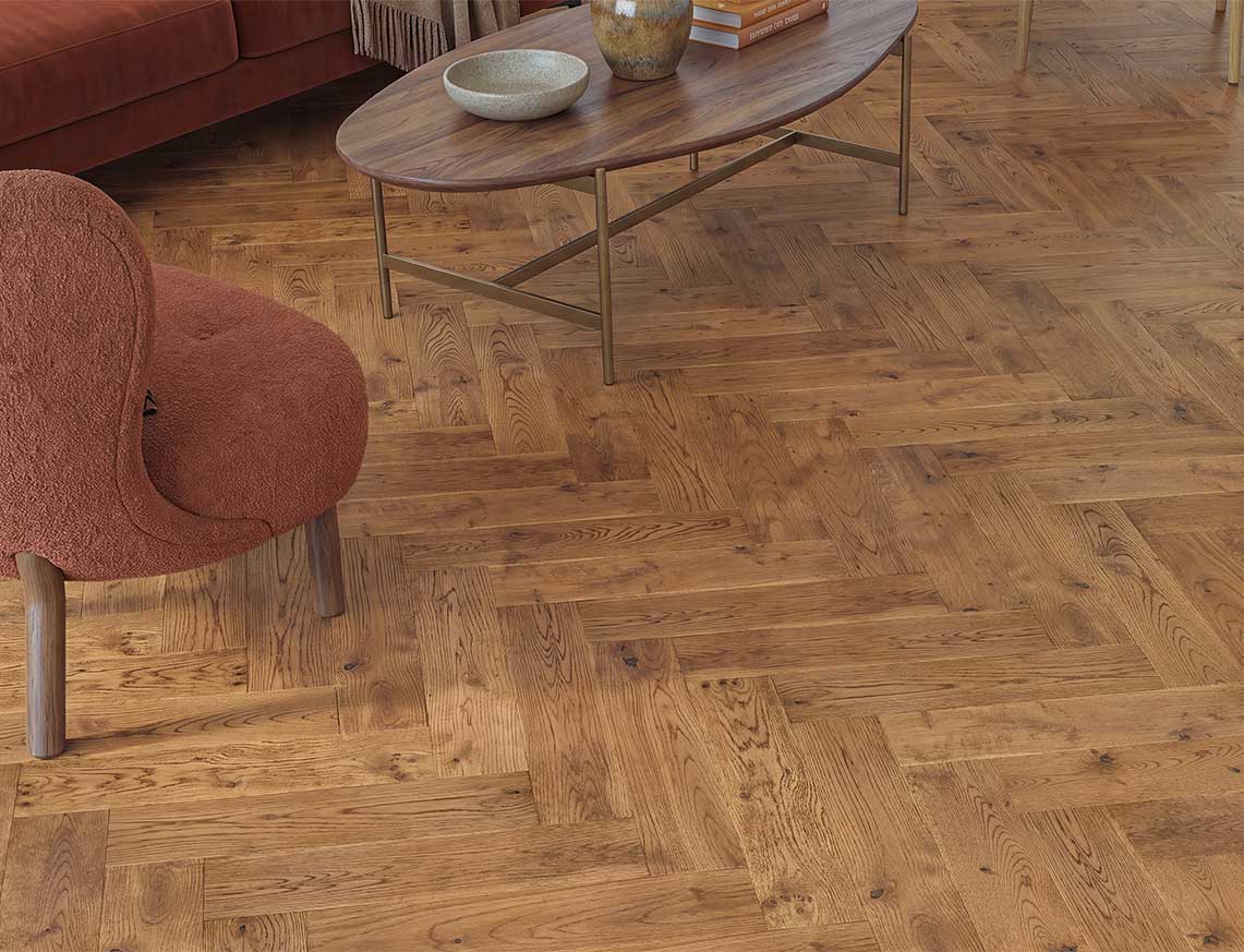 Russell Oak Smoked Brushed Herringbone Solid Wood Flooring | UV Oiled | 90 x 400 x 18mm