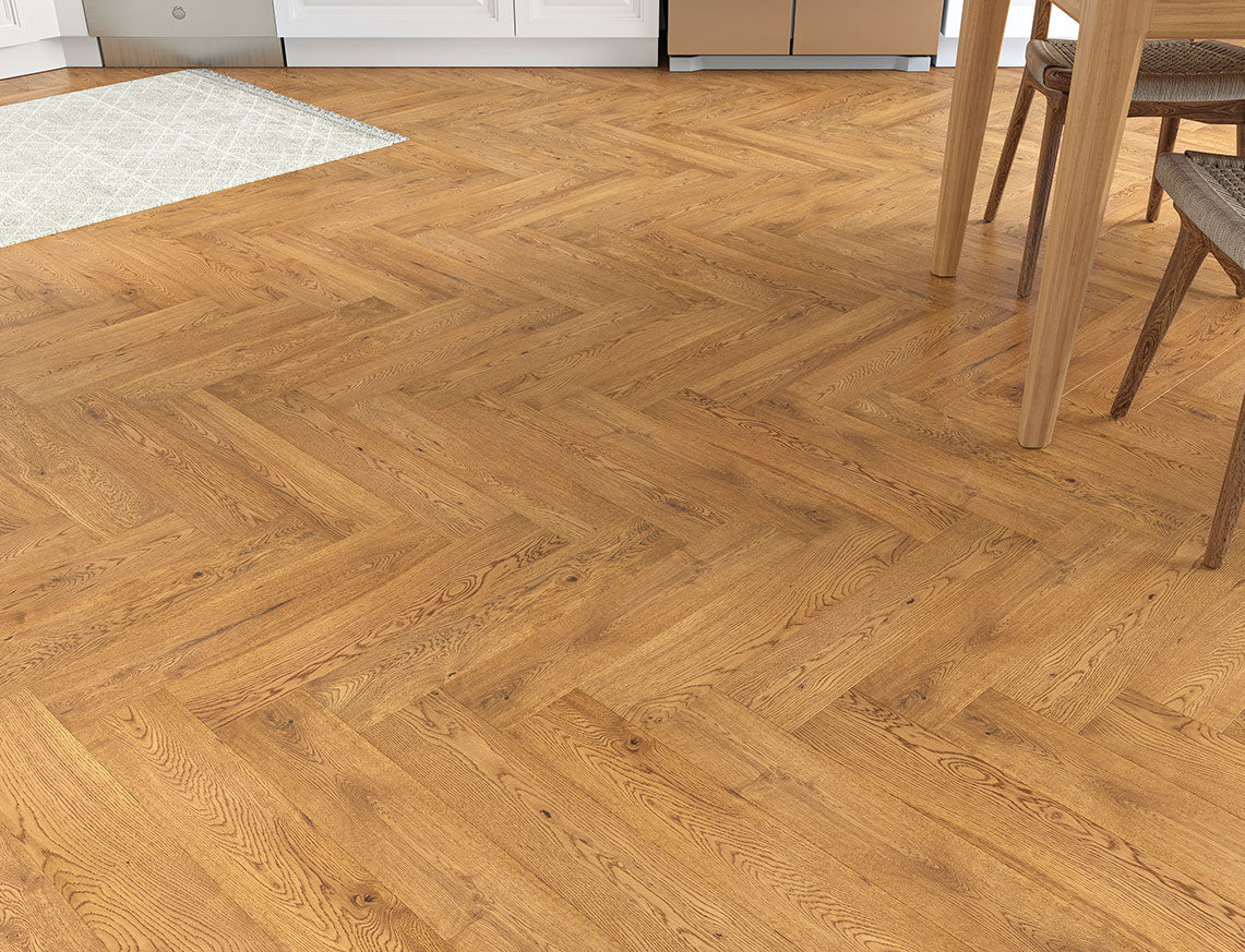 Thetford Oak Golden Brushed Herringbone Engineered Wood Flooring | UV Oiled | 125 x 600 x 15/4mm