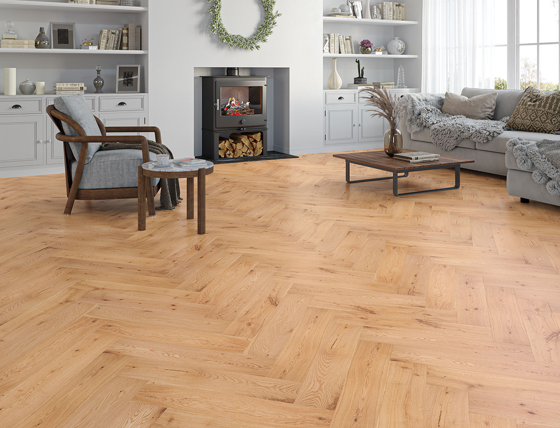 Hatfield Oak Natural Smooth Herringbone Engineered Wood Flooring | UV Oiled | 125 x 600 x 15/4mm