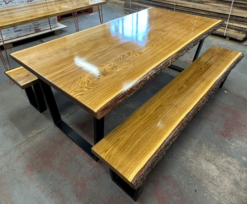 Joinery Solid Oak High Gloss Live Edge Table and Bench Set - 2000mm x 1000mm