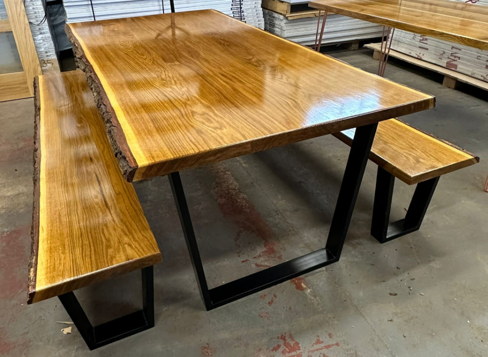 Joinery Solid Oak High Gloss Live Edge Table and Bench Set 2000mm x