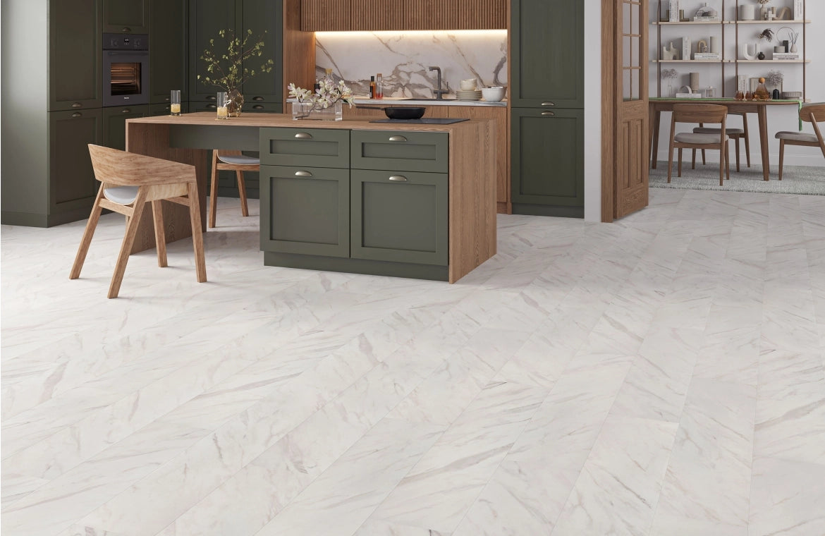 VarioClic 8mm Amora White Marble Tile Effect Laminate Flooring | 244 x 1204 x 8mm
