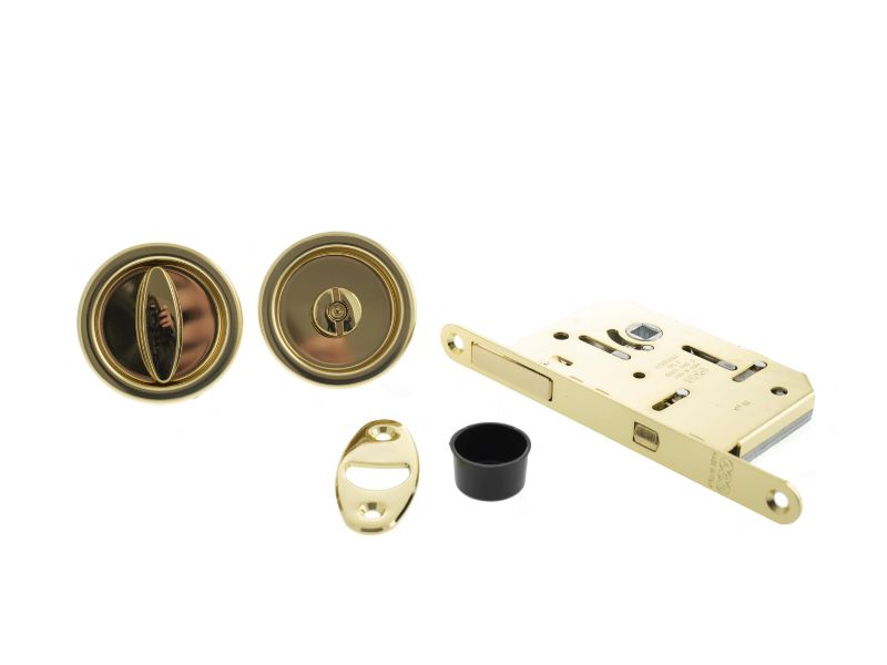 Atlantic AGB Sliding Door Bathroom Lock Set with Round Flush Handle - Polished Brass