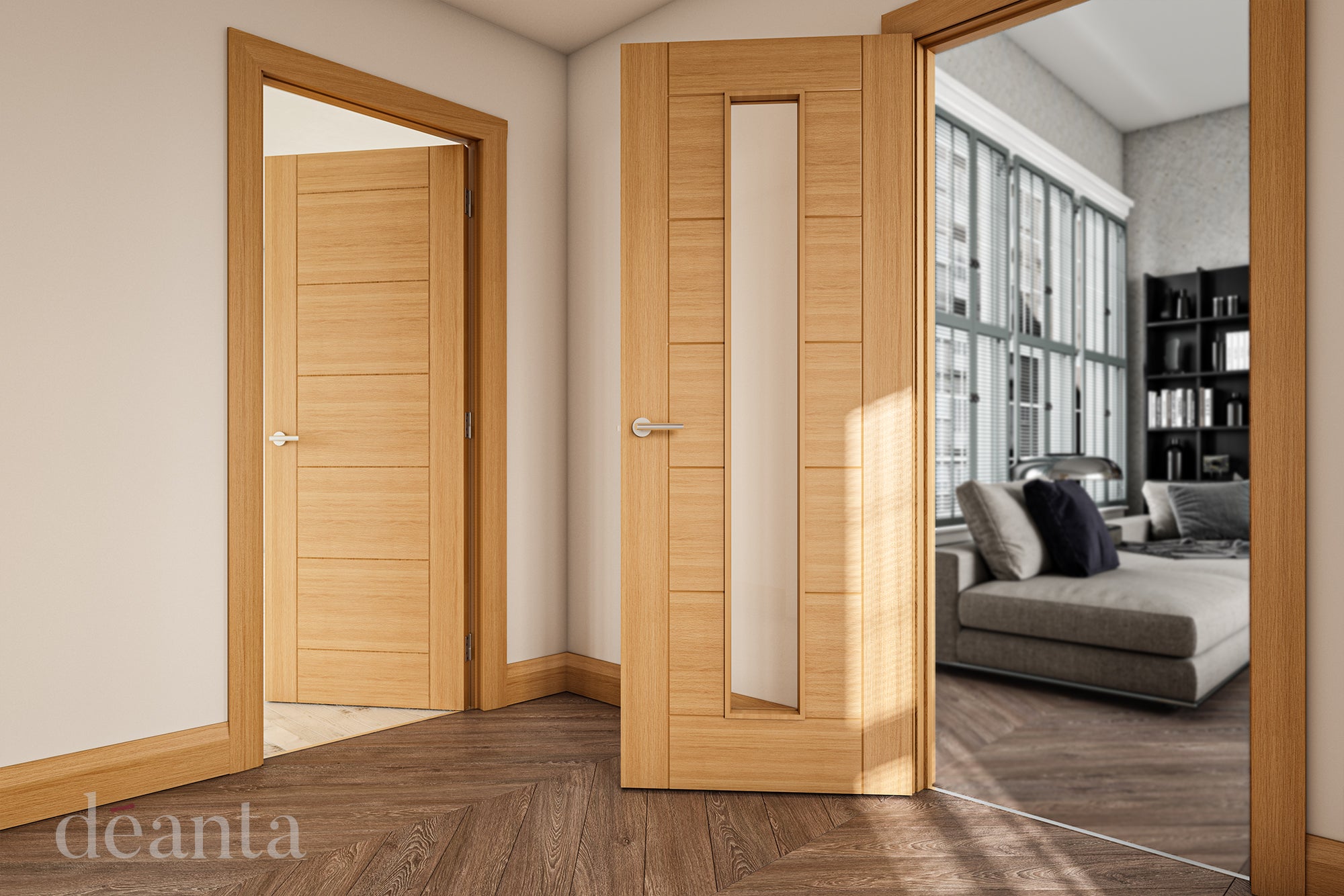 Pre-Assembled Oak Seville Glazed Pre-finished Fire Door Set FSC
