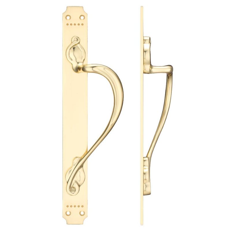 Zoo Cast Brass Pull Handle with Art Nouveau Backplate - Right Handed - 377 x 42mm-Polished Brass