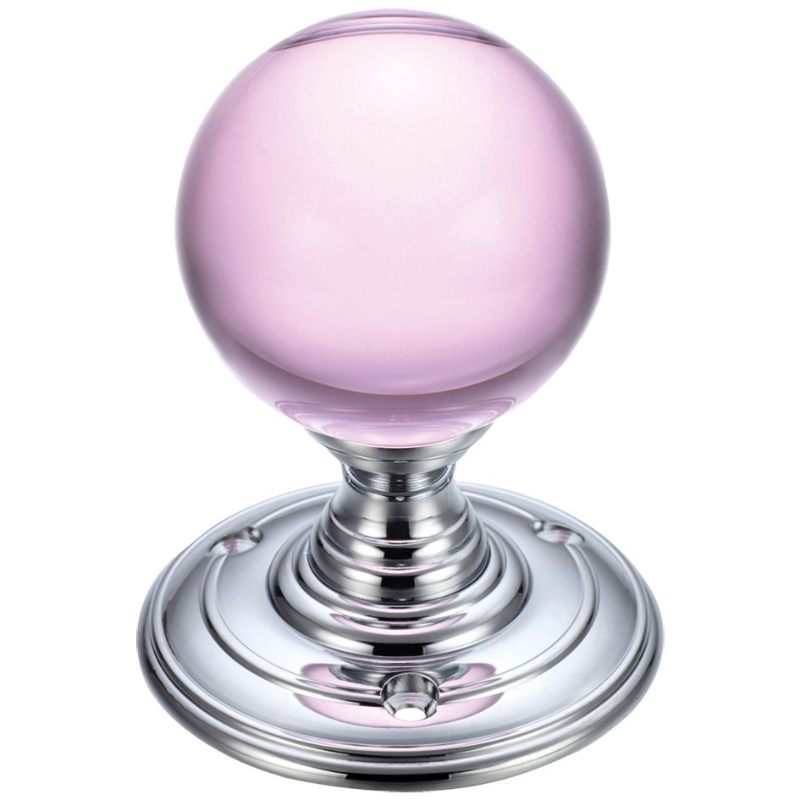 Zoo Glass Ball Mortice Knob - Plain Pink 55mm-Polished Chrome / Pink Glass