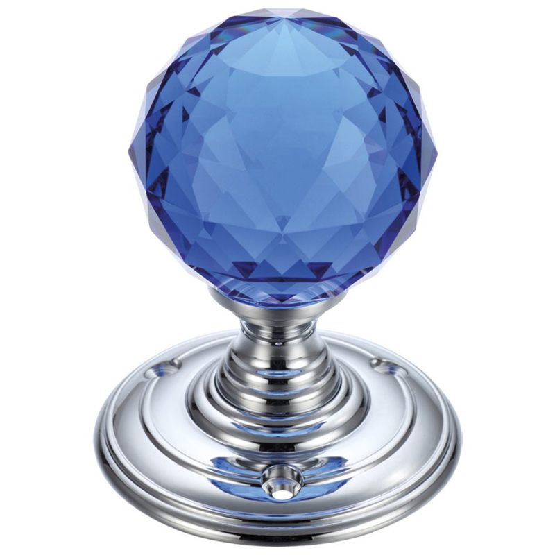 Zoo Glass Ball Mortice Knob - Facetted Blue 55mm-Polished Brass