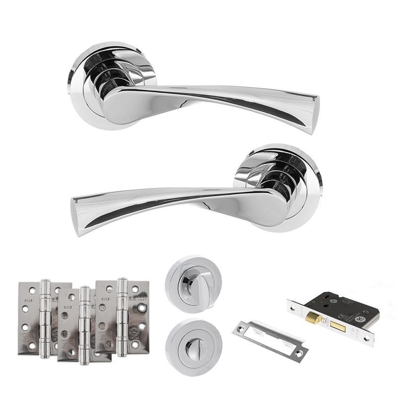 STATUS Colorado Door Handle Pack (Bathroom Set - 2.5" CE Bathroom Lock, 4" Fire Rated Hinges x3) - Polished Chrome