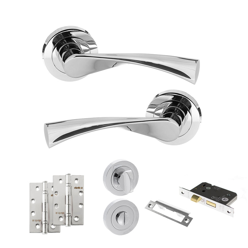 STATUS Colorado Door Handle Pack (Bathroom Set - 3" CE Bathroom Lock, 4" Slim Knuckle Hinges x2) - Polished Chrome