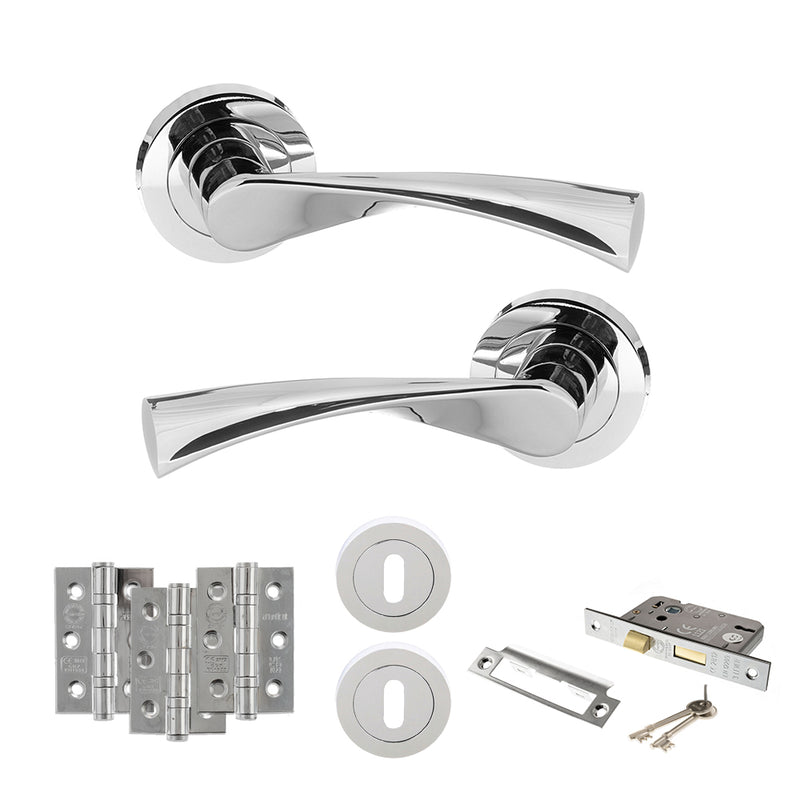 STATUS Colorado Door Handle Pack (3 Lever Lock Set - 2.5" CE Sashlock, 3" Fire Rated Hinges x3) - Polished Chrome