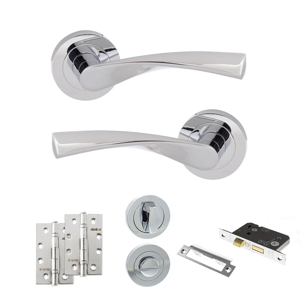 Eco Aqua Door Handle Pack (Bathroom Set - 3" CE Bathroom Lock, 4" Slim Knuckle Hinges x2) - Polished Chrome