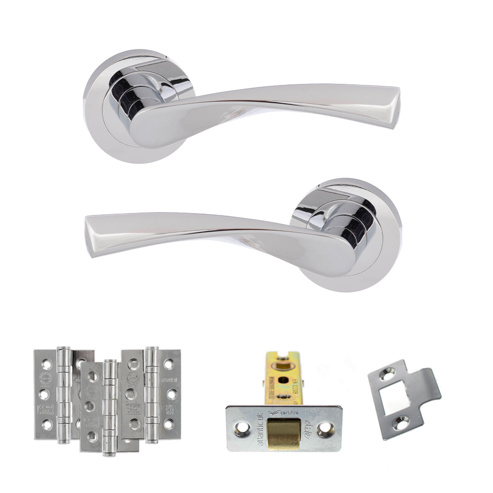 Eco Aqua Door Handle Pack (Latch Set - 3" CE Latch, 3" Fire Rated Hinges x3) - Polished Chrome