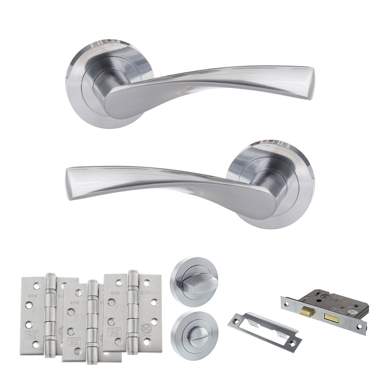 Eco Aqua Door Handle Pack (Bathroom Set - 3" CE Bathroom Lock, 4" Fire Rated Hinges x3) - Satin Chrome