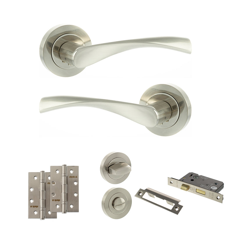 Eco Aqua Door Handle Pack (Bathroom Set - 3" CE Bathroom Lock, 4" Slim Knuckle Hinges x2) - Satin Nickel/Nickel Plate