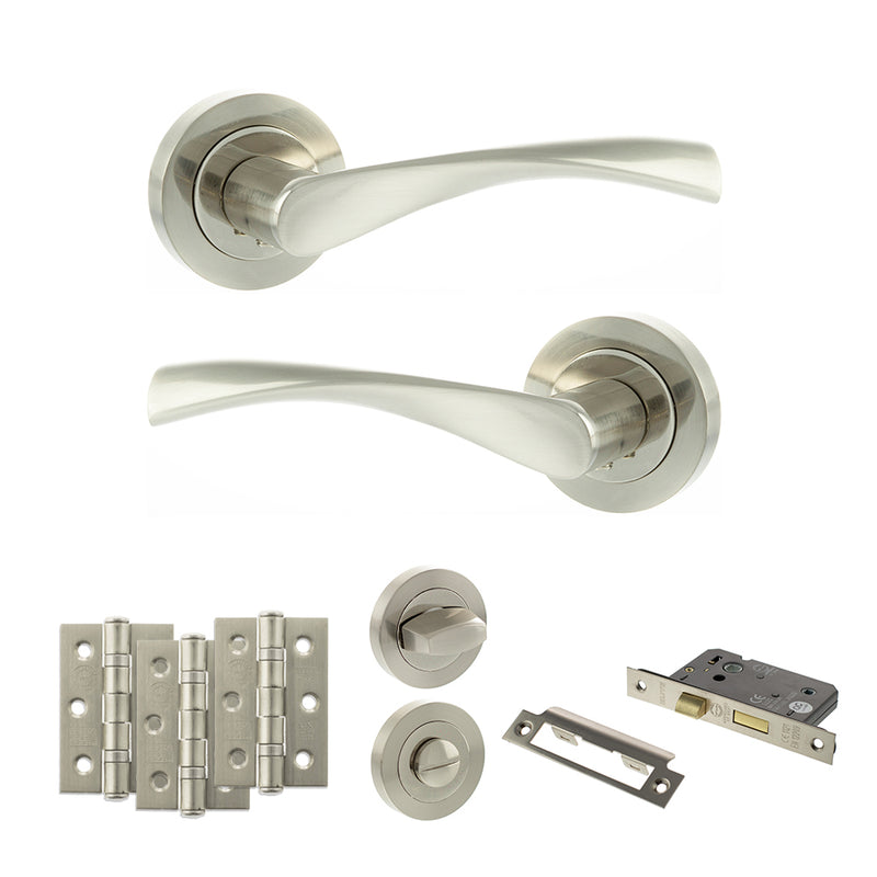 Eco Aqua Door Handle Pack (Bathroom Set - 2.5" CE Bathroom Lock, 3" Fire Rated Hinges x3) - Satin Nickel/Nickel Plate