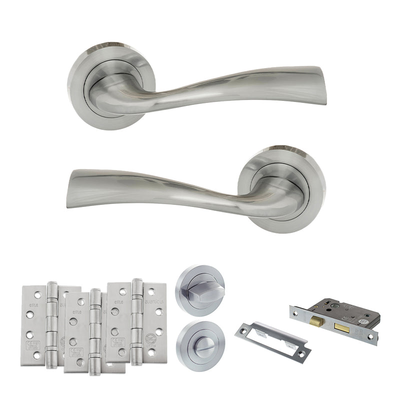 Eco Wave Door Handle Pack (Bathroom Set - 2.5" CE Bathroom Lock, 4" Fire Rated Hinges x3) - Polished Chrome