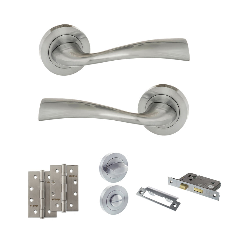 Eco Wave Door Handle Pack (Bathroom Set - 3" CE Bathroom Lock, 4" Slim Knuckle Hinges x2) - Satin Chrome