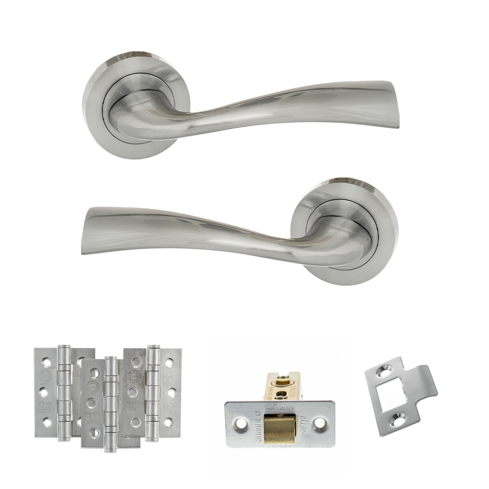 Eco Wave Door Handle Pack (Latch Set - 3" CE Latch, 3" Fire Rated Hinges x3) - Satin Chrome