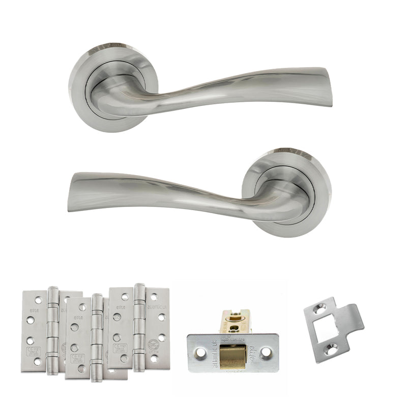 Eco Wave Door Handle Pack (Latch Set - 3" CE Latch, 4" Fire Rated Hinges x3) - Satin Chrome