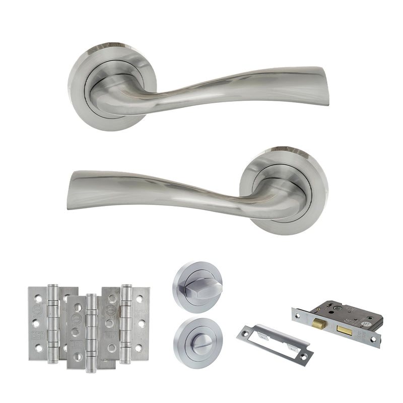 Eco Wave Door Handle Pack (Bathroom Set - 2.5" CE Bathroom Lock, 3" Fire Rated Hinges x3) - Polished Chrome
