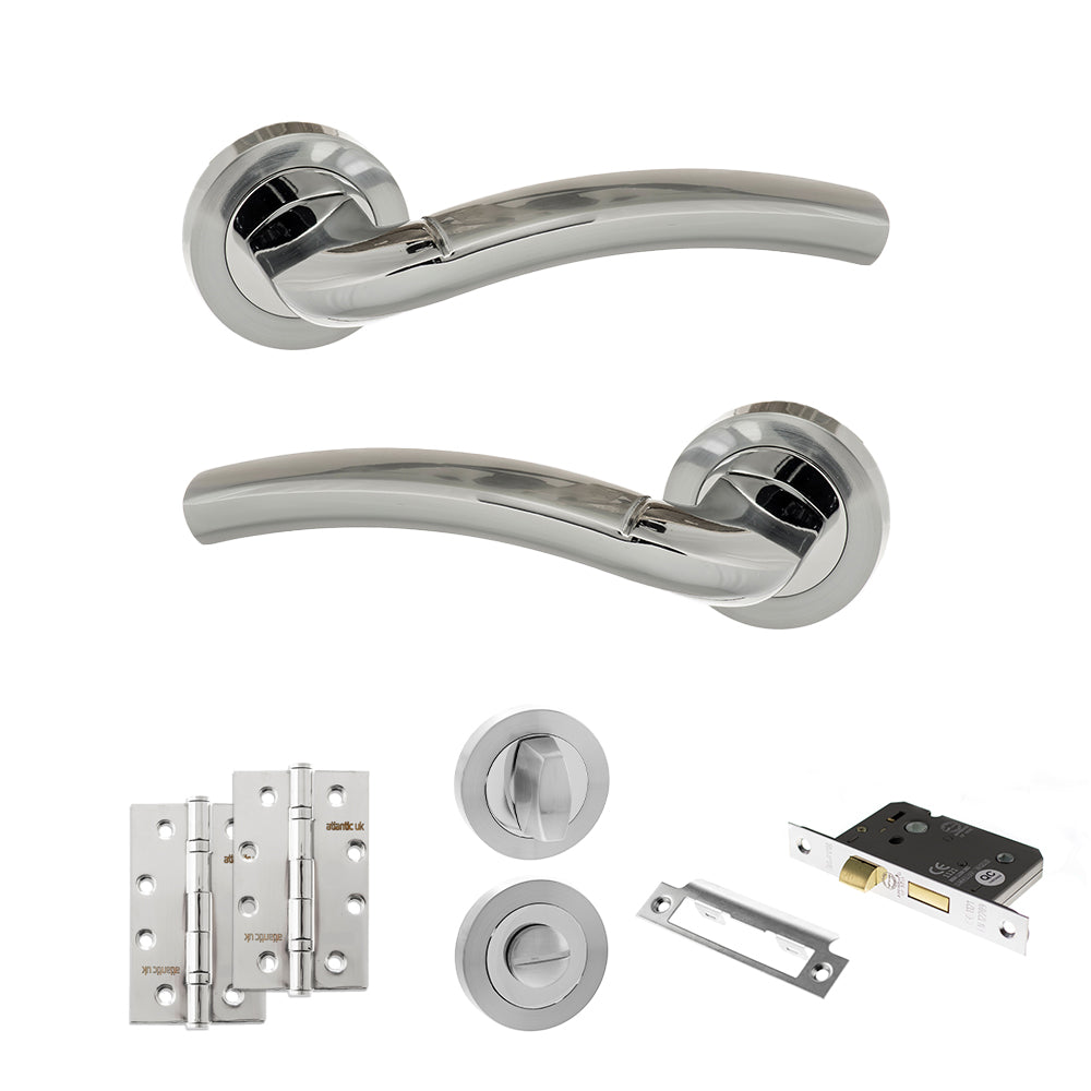Eco Crest Door Handle Pack (Bathroom Set - 3" CE Bathroom Lock, 4" Slim Knuckle Hinges x2) - Satin Chrome/Polished Chrome