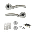 Eco Crest Door Handle Pack (Bathroom Set - 3" CE Bathroom Lock, 4" Slim Knuckle Hinges x2) - Satin Chrome/Polished Chrome