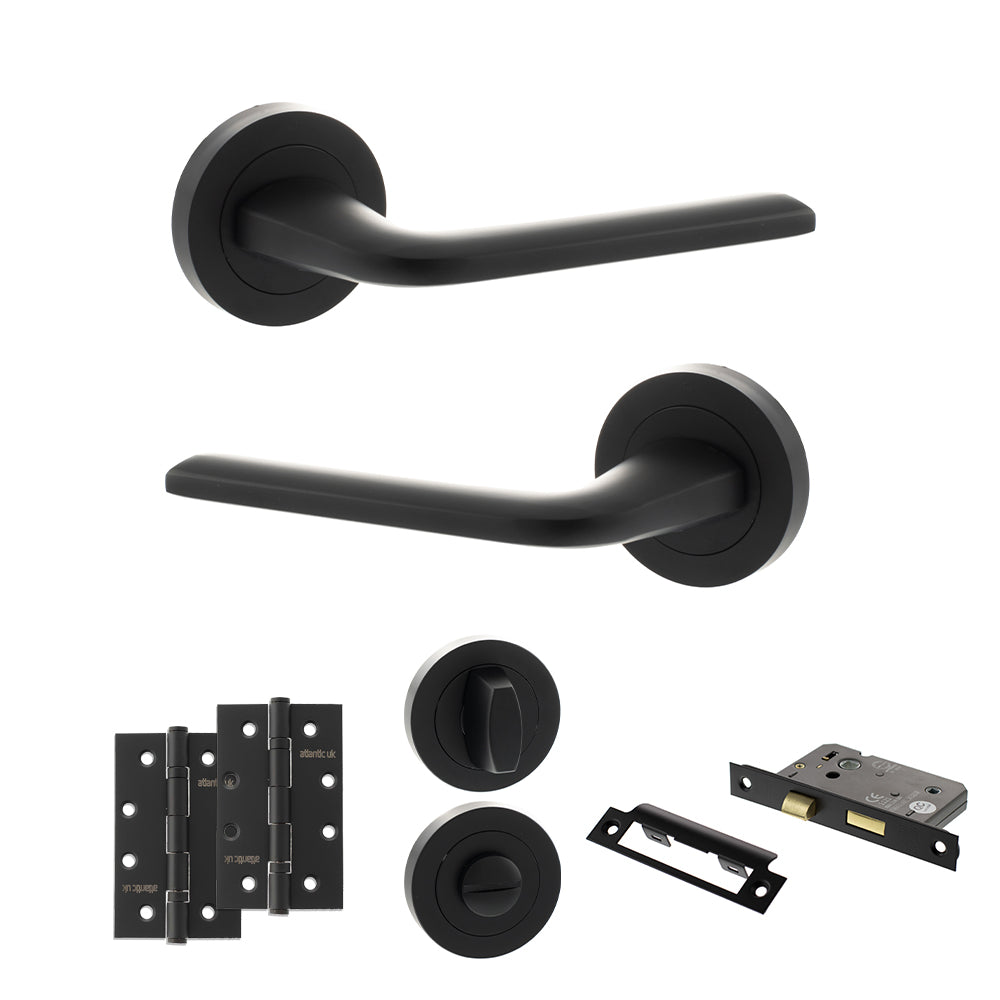 Eco Surf Door Handle Pack (Bathroom Set - 3" CE Bathroom Lock, 4" Slim Knuckle Hinges x2) - Matt Black