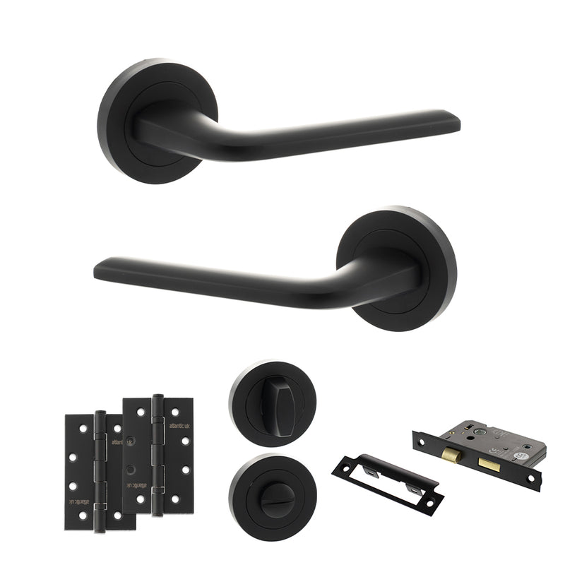 Eco Surf Door Handle Pack (Bathroom Set - 3" CE Bathroom Lock, 4" Slim Knuckle Hinges x2) - Matt Black