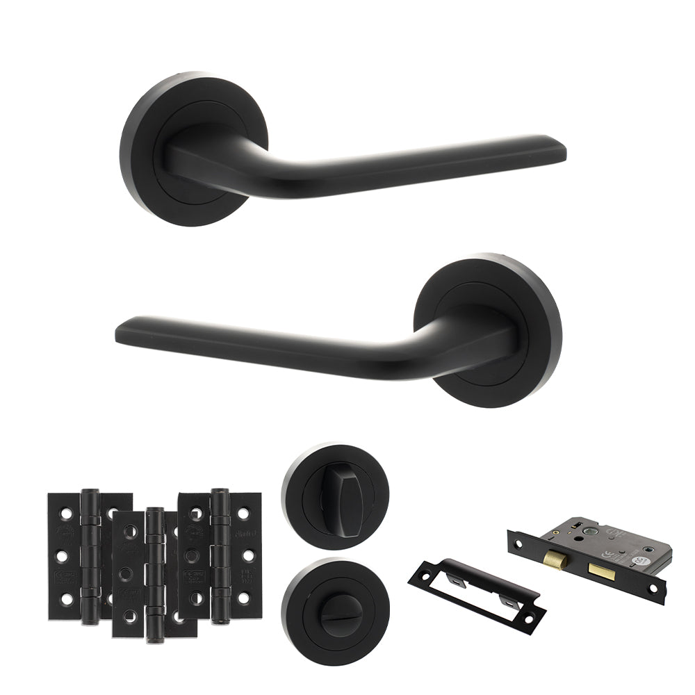 Eco Surf Door Handle Pack (Bathroom Set - 2.5" CE Bathroom Lock, 3" Fire Rated Hinges x3) - Matt Black