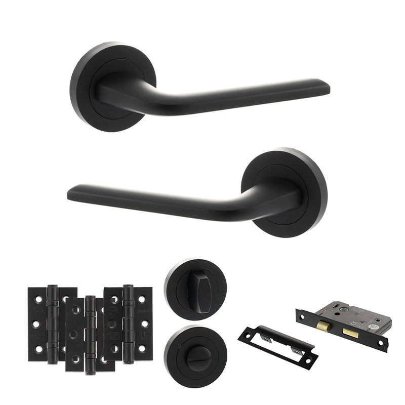 Eco Surf Door Handle Pack (Bathroom Set - 2.5" CE Bathroom Lock, 3" Fire Rated Hinges x3) - Matt Black