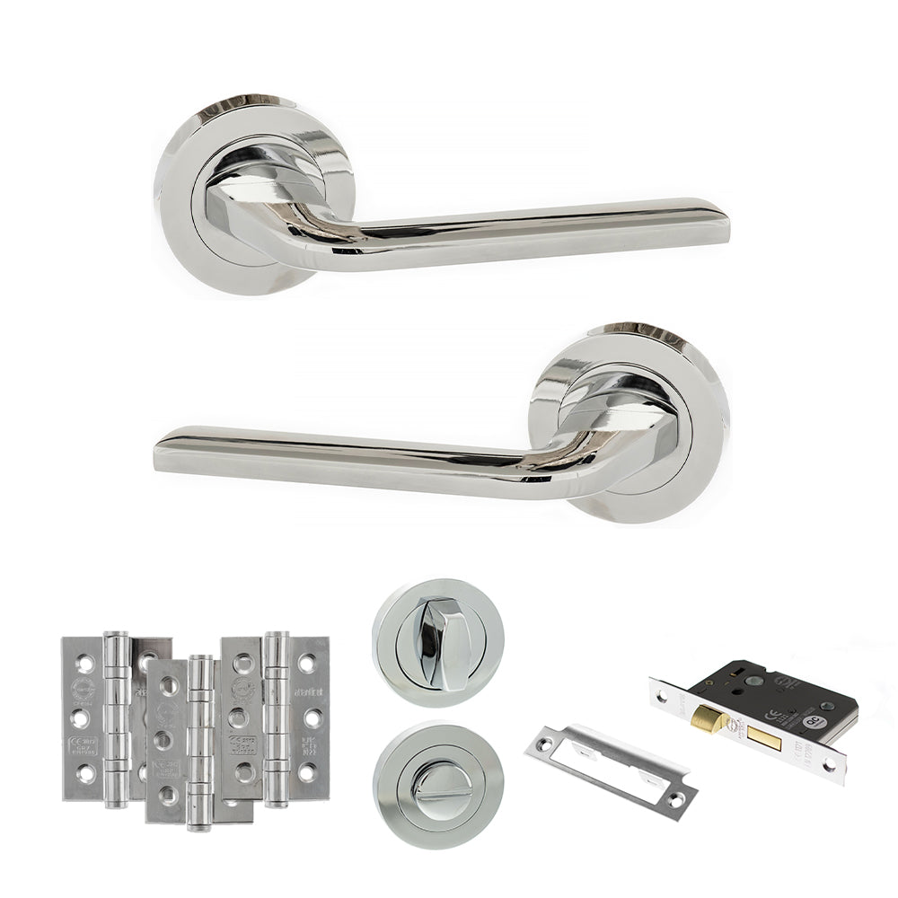 Eco Surf Door Handle Pack (Bathroom Set - 3" CE Bathroom Lock, 3" Fire Rated Hinges x3) - Polished Chrome
