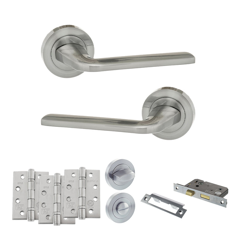 Eco Surf Door Handle Pack (Bathroom Set - 2.5" CE Bathroom Lock, 4" Fire Rated Hinges x3) - Satin Chrome