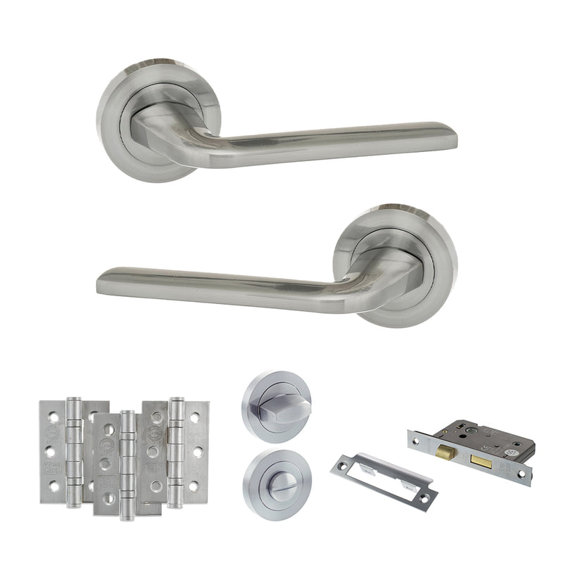 Eco Surf Door Handle Pack (Bathroom Set - 2.5" CE Bathroom Lock, 3" Fire Rated Hinges x3) - Satin Chrome