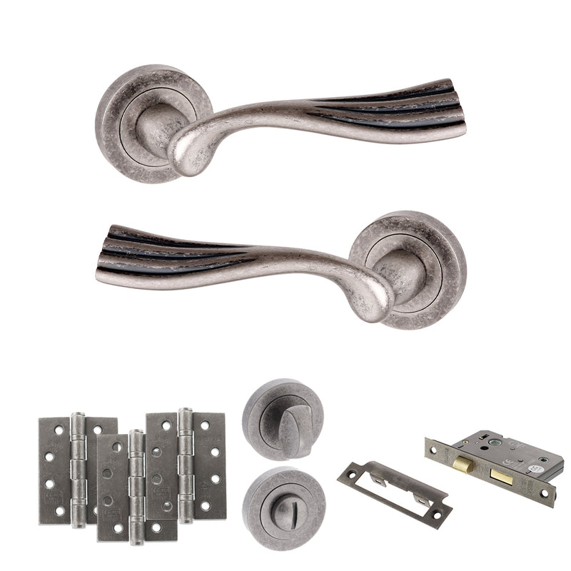 Old English Richmond Door Handle Pack (Bathroom Set - 2.5" CE Bathroom Lock, 4" Fire Rated Hinges x3) - Distressed Silver