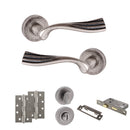 Old English Richmond Door Handle Pack (Bathroom Set - 2.5" CE Bathroom Lock, 4" Slim Knuckle Hinges x2) - Distressed Silver