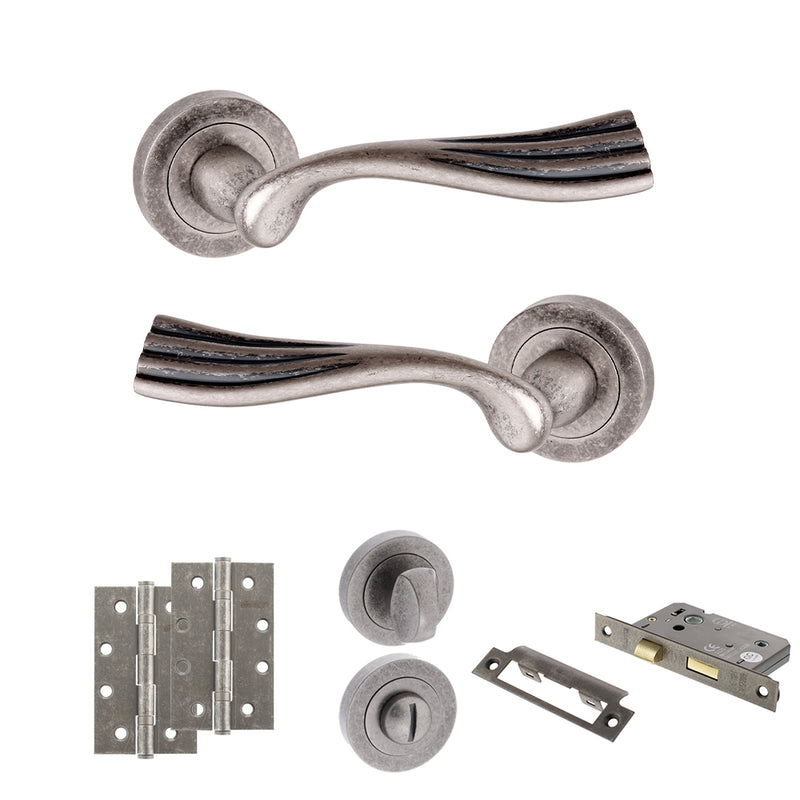 Old English Richmond Door Handle Pack (Bathroom Set - 3" CE Bathroom Lock, 4" Slim Knuckle Hinges x2) - Distressed Silver