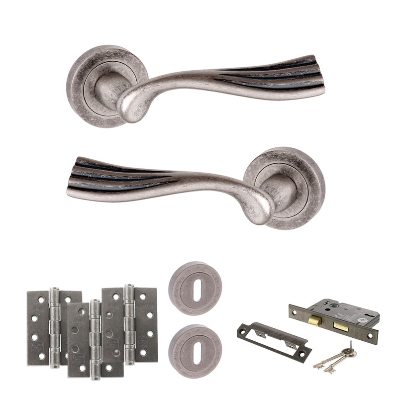 Old English Richmond Door Handle Pack (3 Lever Lock Set - 3" CE Sashlock, 4" Fire Rated Hinges x3) - Distressed Silver