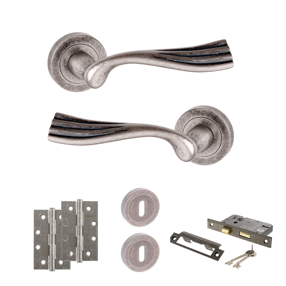 Old English Richmond Door Handle Pack (3 Lever Lock Set - 3" CE Sashlock, 4" Slim Knuckle Hinges x2) - Distressed Silver