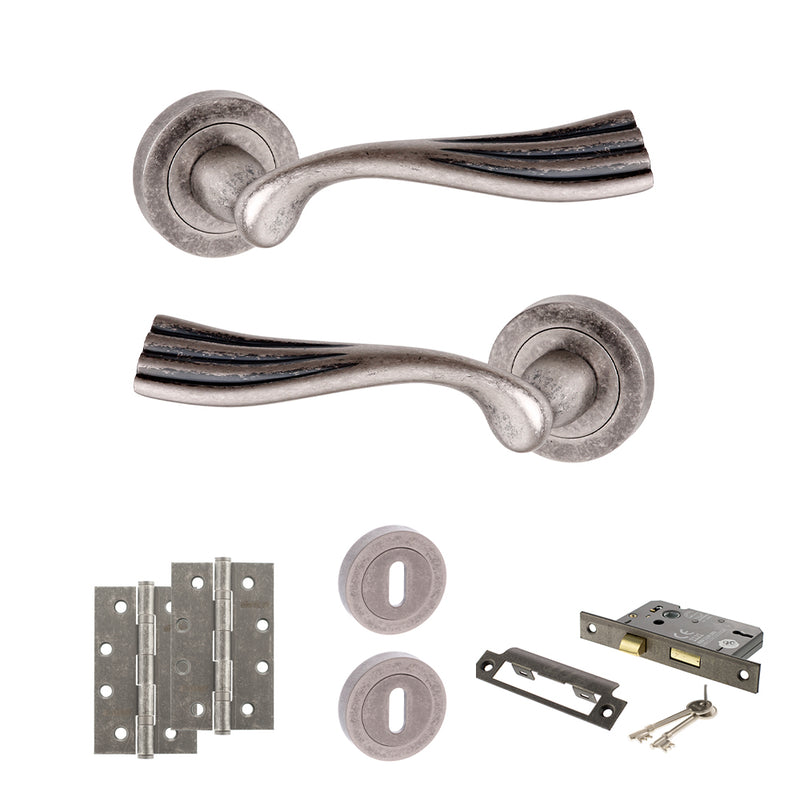 Old English Richmond Door Handle Pack (3 Lever Lock Set - 3" CE Sashlock, 4" Slim Knuckle Hinges x2) - Distressed Silver