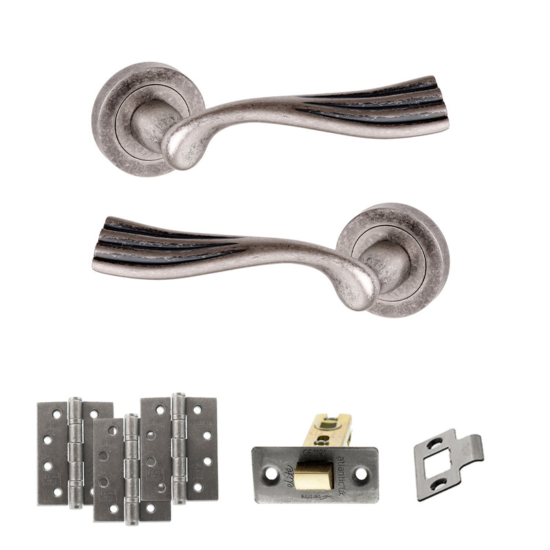Old English Richmond Door Handle Pack (Latch Set - 2.5" CE Latch, 4" Fire Rated Hinges x3) - Distressed Silver