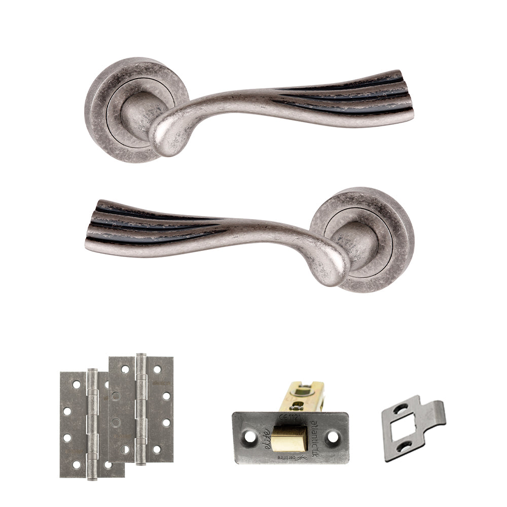 Old English Richmond Door Handle Pack (Latch Set - 2.5" CE Latch, 4" Slim Knuckle Hinges x2) - Distressed Silver